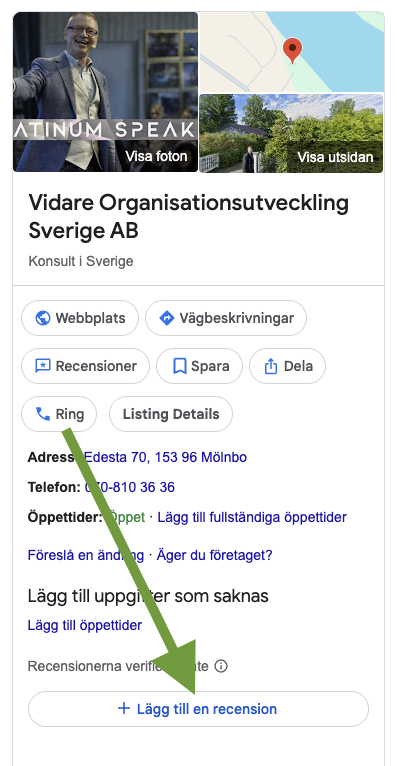 Så hittar du knappen Lägg till en recension på vår Google-profil